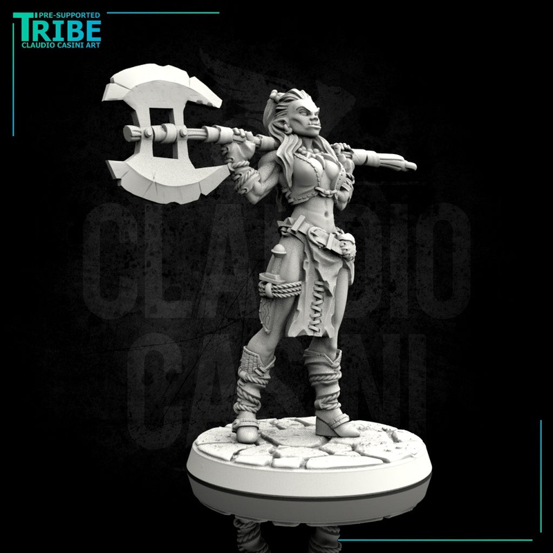 (0096) Female human elf half-orc tiefling firbolg barbarian with big axe