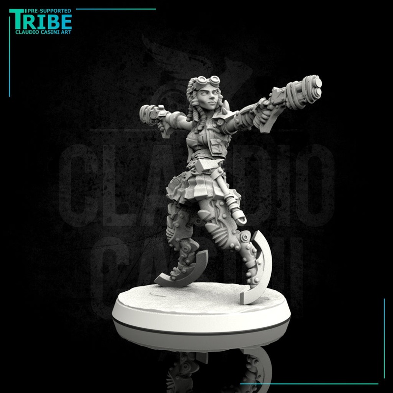 (0104) Female sci-fi post-apocalyptic street warrior with guns and bionic legs