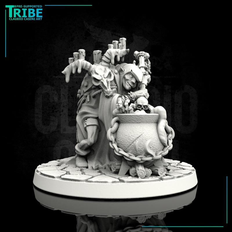 (0121) Female horror human, firbolg, half-orc, tiefling old witch with cauldron