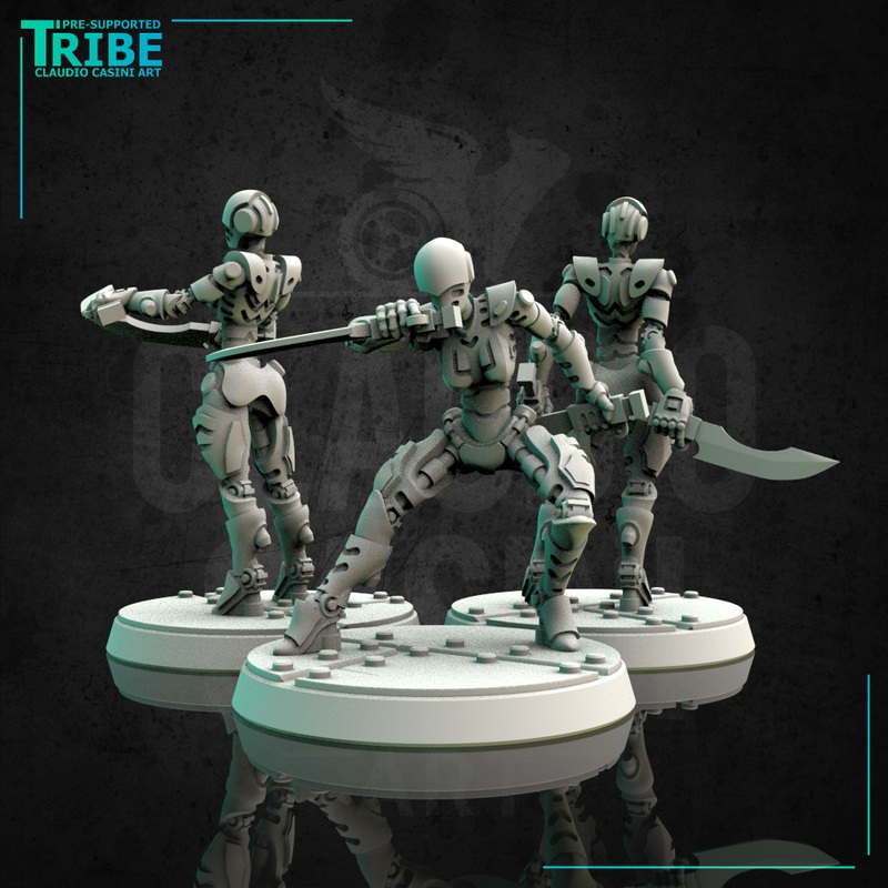 (0118) Female android robot cyborg ninja assassin sci-fi with knives three pose