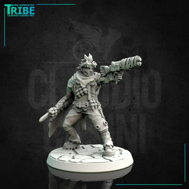 (0165) Male sci-fi post-apocalyptic warrior with mechanical arm and gun
