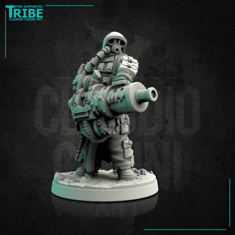 (0138) Male post-apocalyptic sci-fi soldier with antigas mask and heavy cannon, gatling