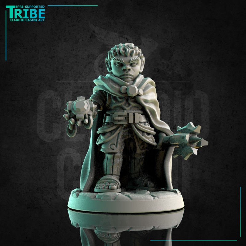 (0175) Male halfling hobbit cleric with bat and sacred symbol