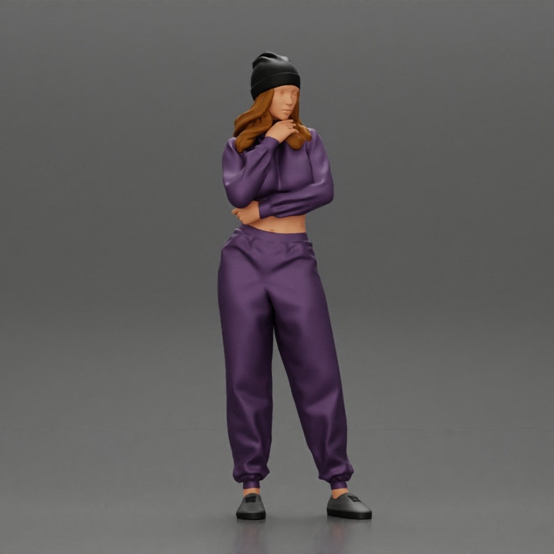 Young girl in a sporty outfit and a bonnet thinking