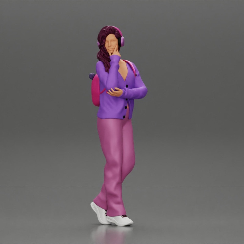 young woman listening to music with headphones and carrying a backpack