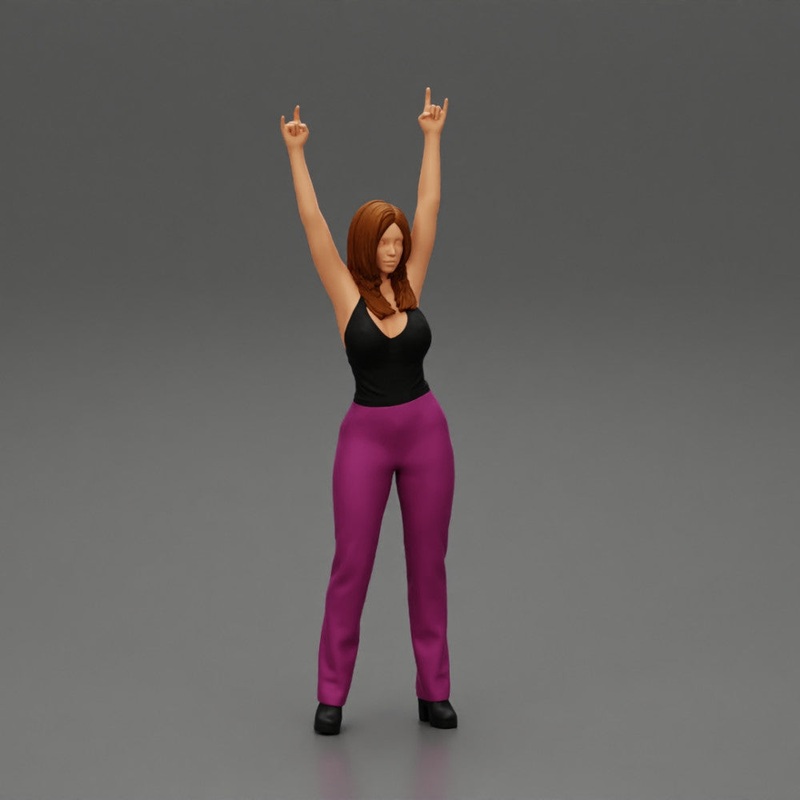 Young girl raised up two hands with sign of the horns