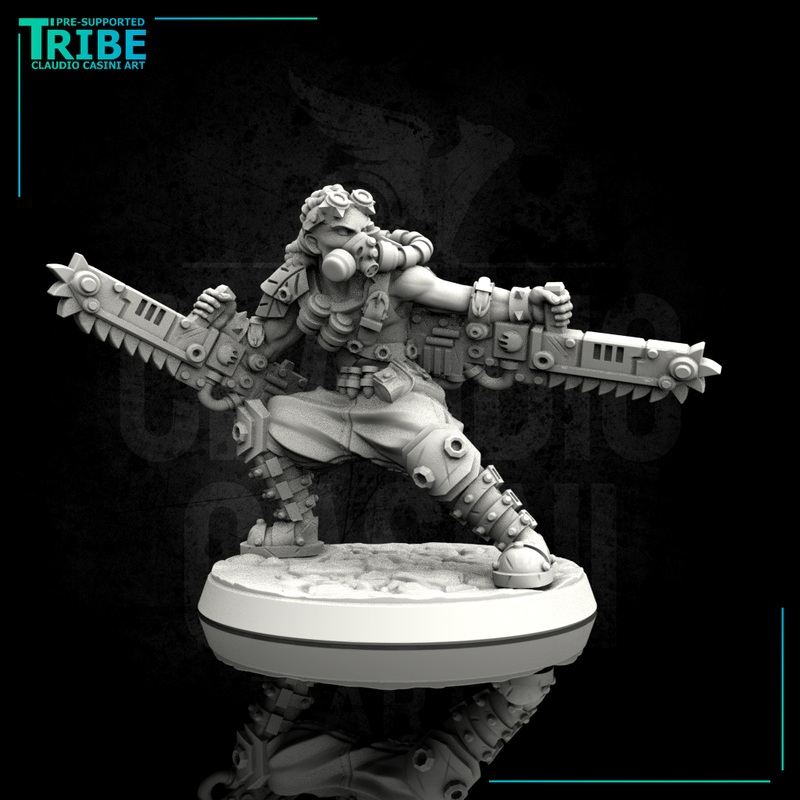 (0105) Male post-apocalyptic sci-fi warrior with chainsaws (0105)