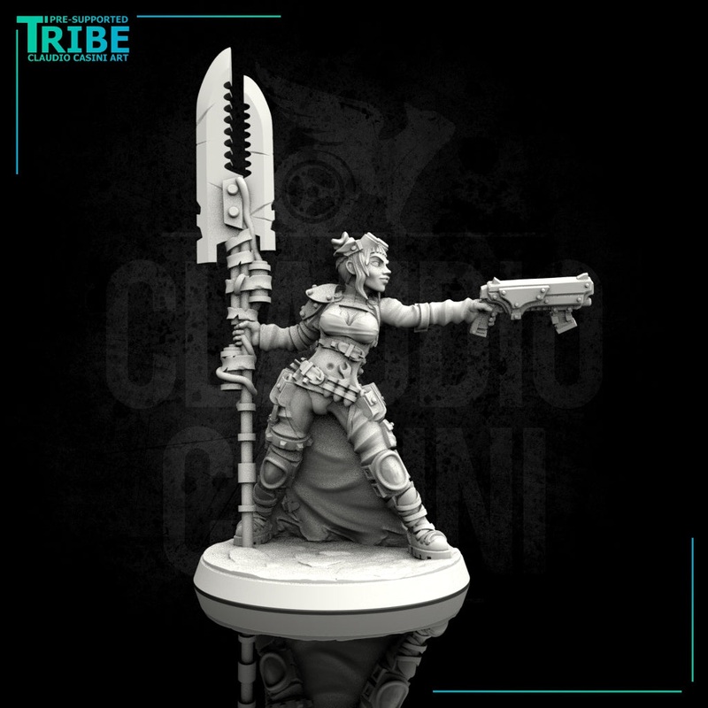 (0103) Female sci-fi post-apocalyptic street warrior with blade and rifle
