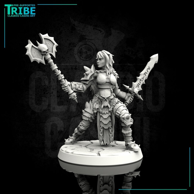 (0007) Female human elf half-orc tiefling barbarian with sword and axe