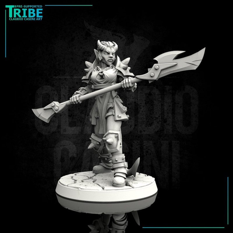 (0021) Female human elf half orc tiefling barbarian with halberd