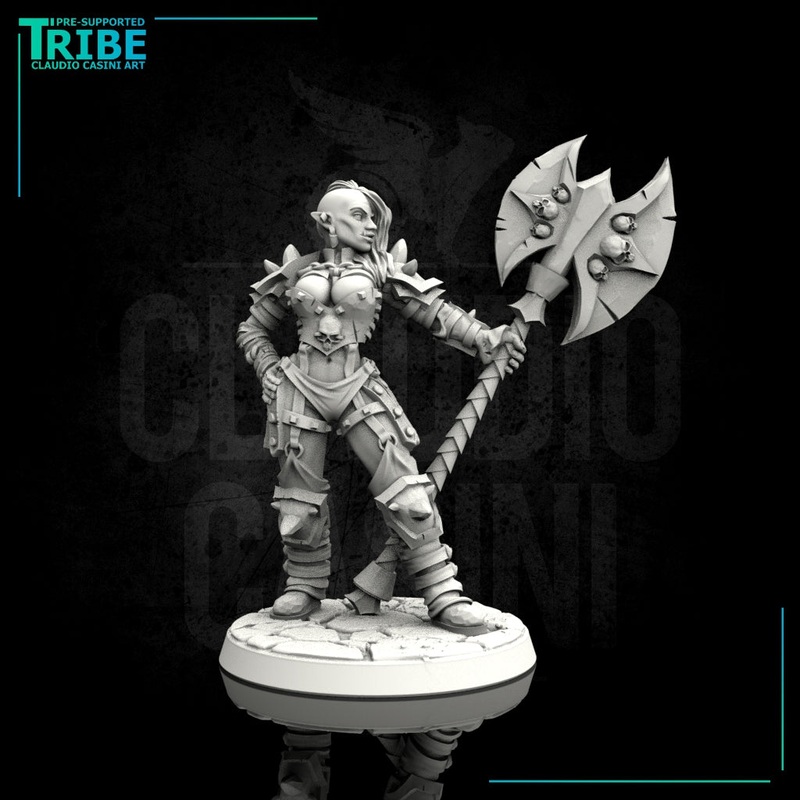 (0022) Female human elf tiefling half orc barbarian with two-handed axe