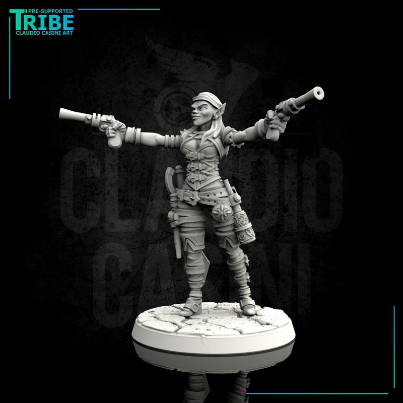 (0027) Female human elf half orc tiefling pirate with guns