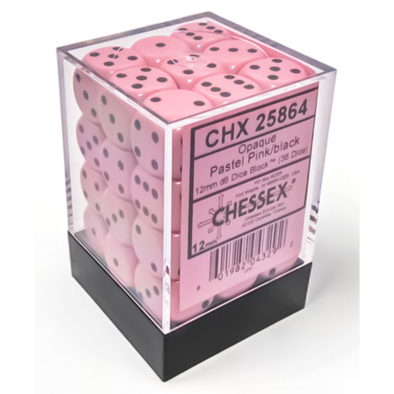 Opaque 12mm d6 Pastel Pink/black Dice Block (36 dice)